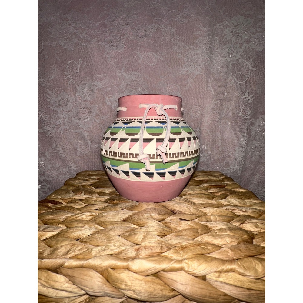 C. Maria Signed Southwestern Pottery Vase Pink‎ Geometric Tribal Decor 1994